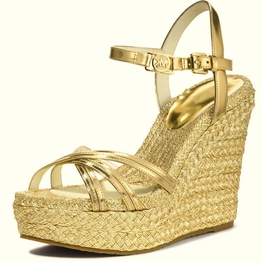 Michael Kors Cecily Gold leather braided espadrille platform strappy sandal 7M